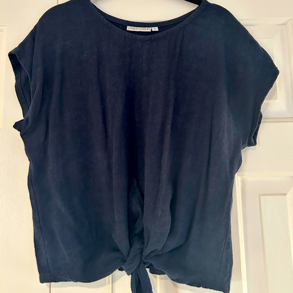 Only Child Tie Front Shirt in Navy Linen